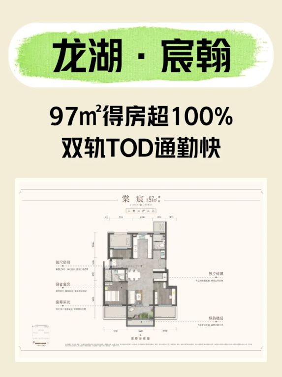 龙湖·宸翰97㎡三居实测:顺义地铁房高得房率双轨TOD