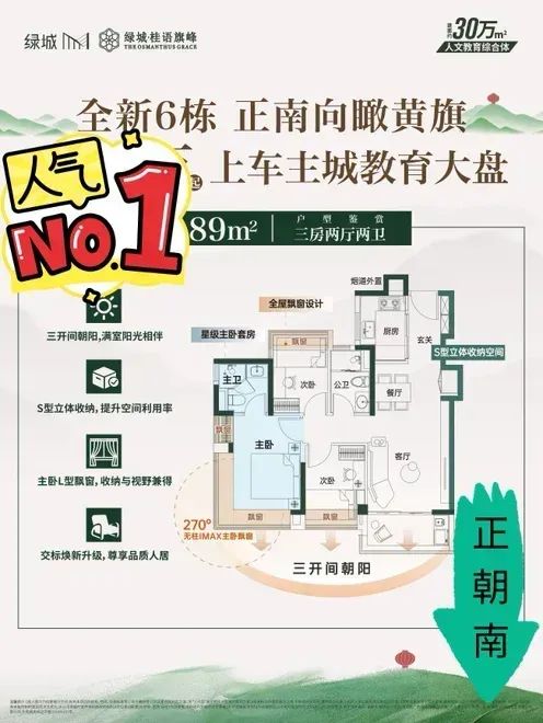 89平朝正南向的三房,看国贸看旗峰山红灯笼,妥妥的低总价高配置